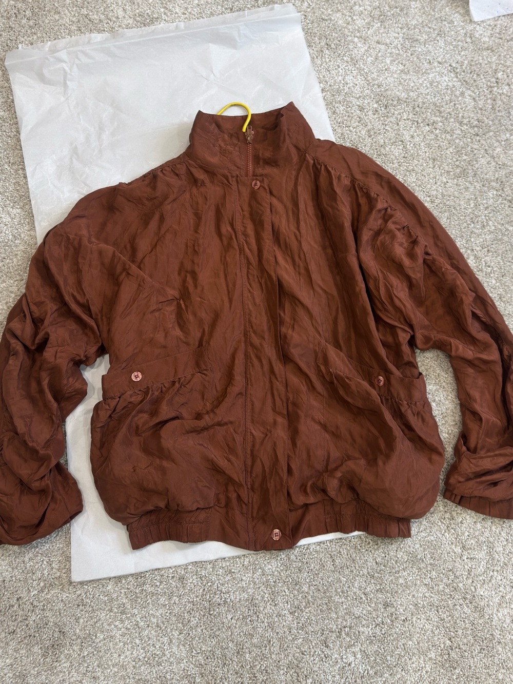 Retro 90s Women's Brown Zip-Up Silk Jacket - Lightweight ruched bomber coat